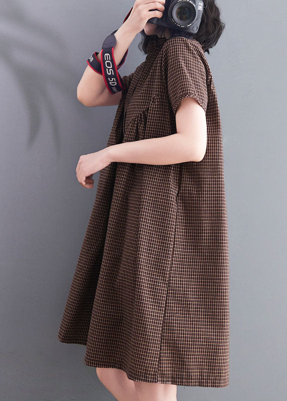 Casual Brown Wrinkled Ruffled Plaid Cotton Dress Short Sleeve