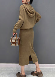 Casual Brown Zippered Hooded Knit Sweaters And Maxi Skirts Two Piece Set Winter