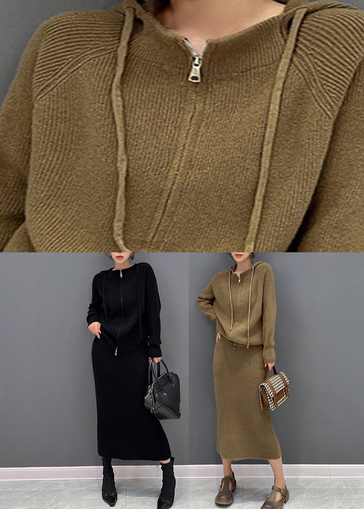 Casual Brown Zippered Hooded Knit Sweaters And Maxi Skirts Two Piece Set Winter