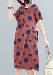Casual BrownO-Neck Dot Print Mid Dresses Short Sleeve