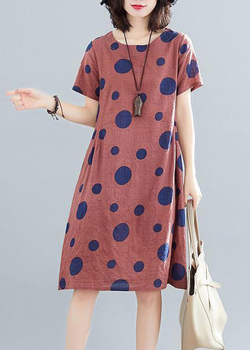 Casual BrownO-Neck Dot Print Mid Dresses Short Sleeve