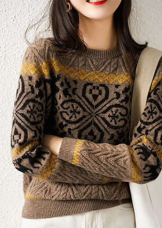 Casual Camel O-Neck Thick Print Strickpullover Langarm