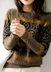Casual Camel O-Neck Thick Print Knit Sweaters Long Sleeve