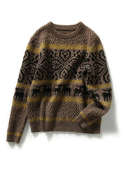 Casual Camel O-Neck Thick Print Knit Sweaters Long Sleeve
