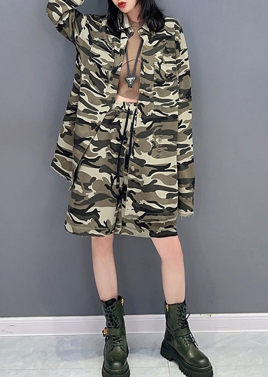 Casual Camouflage Peter Pan Collar Zippered Print Coats And Shorts Two Pieces Set Spring