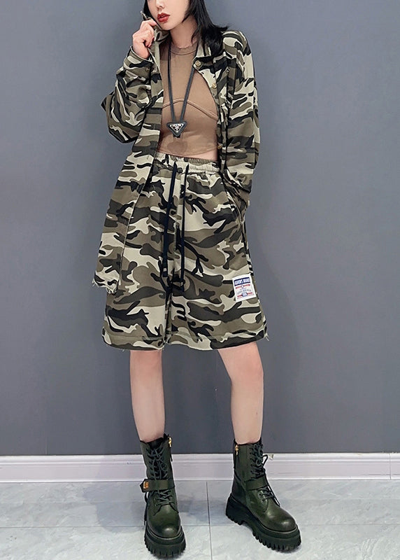 Casual Camouflage Peter Pan Collar Zippered Print Coats And Shorts Two Pieces Set Spring