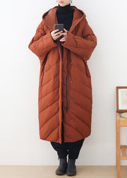 Casual Caramel Zippered Button Pockets Hooded Down Coat Long Sleeve