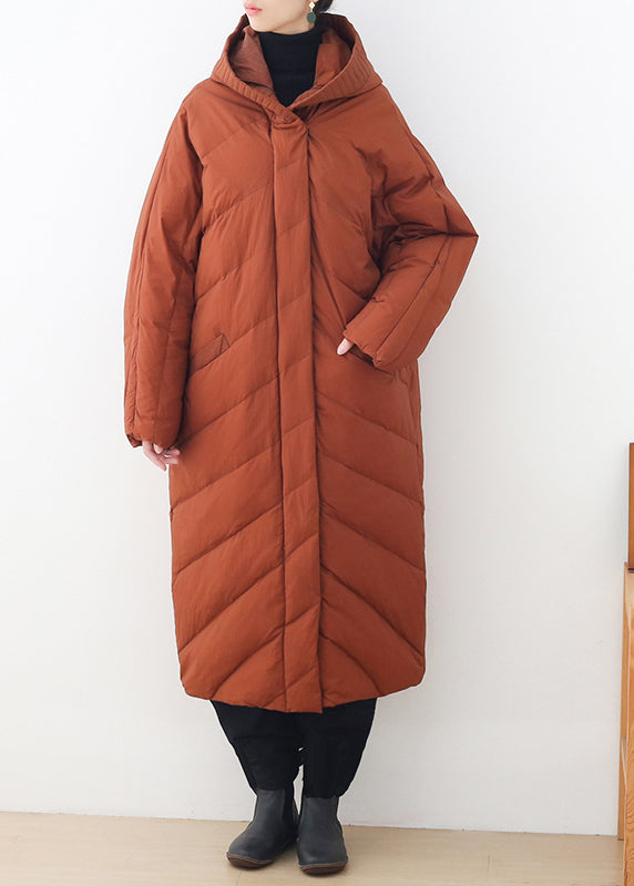 Casual Caramel Zippered Button Pockets Hooded Down Coat Long Sleeve