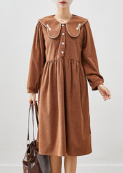Casual Chocolate Oversized Butterfly Collar Corduroy Party Dress Fall