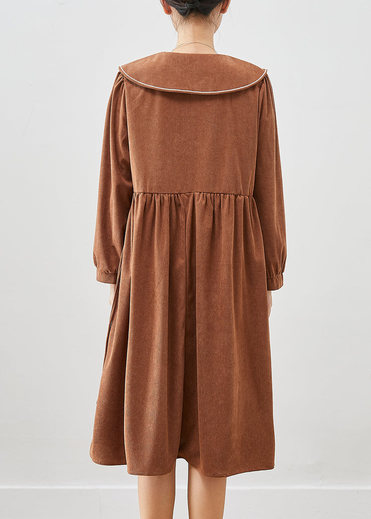 Casual Chocolate Oversized Butterfly Collar Corduroy Party Dress Fall