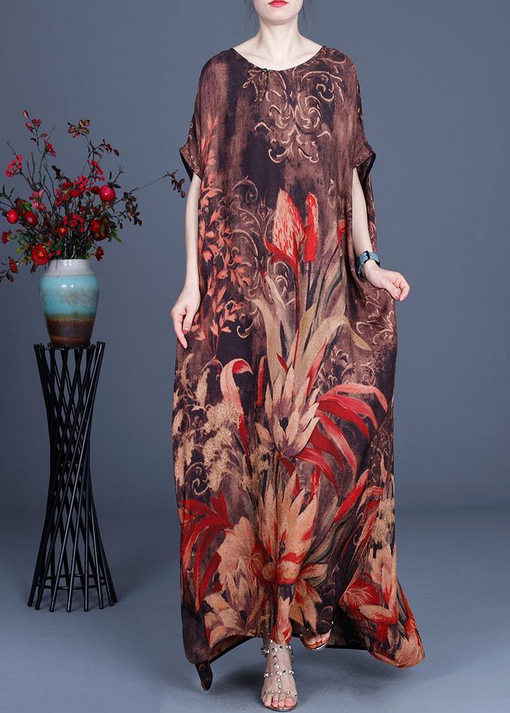 Casual Chocolate Print Silk Asymmetrical Design Low High Design Dresses Summer - SooLinen