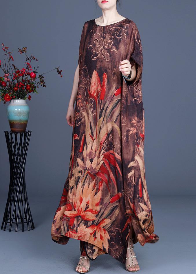 Casual Chocolate Print Silk Asymmetrical Design Low High Design Dresses Summer - SooLinen