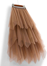 Casual Chocolate Asymmetric Design Elastic Waist Tulle Skirts Spring