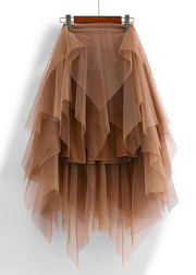 Casual Chocolate Asymmetric Design Elastic Waist Tulle Skirts Spring