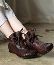 Casual Chocolate Cowhide Leather Splicing Lace Up Ankle Boots