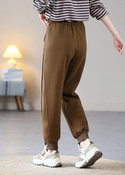 Casual Coffee Elastic Waist Patchwork Drawstring Warm Fleece Pants Trousers Spring