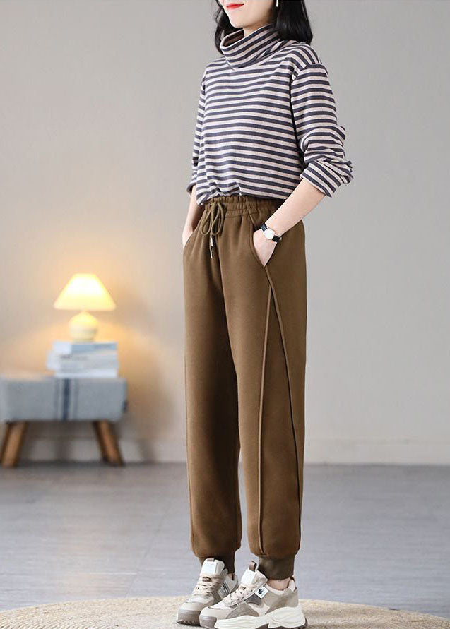 Casual Coffee Elastic Waist Patchwork Drawstring Warm Fleece Pants Trousers Spring