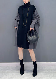 Casual Coffee Hign Neck Patchwork Cotton Mid Dress Batwing Sleeve