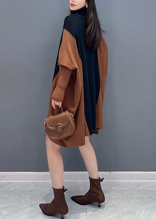 Casual Coffee Hign Neck Patchwork Cotton Mid Dress Batwing Sleeve