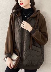 Casual Chocolate Hooded Drawstring Patchwork Fine Cotton Filled Witner Coat
