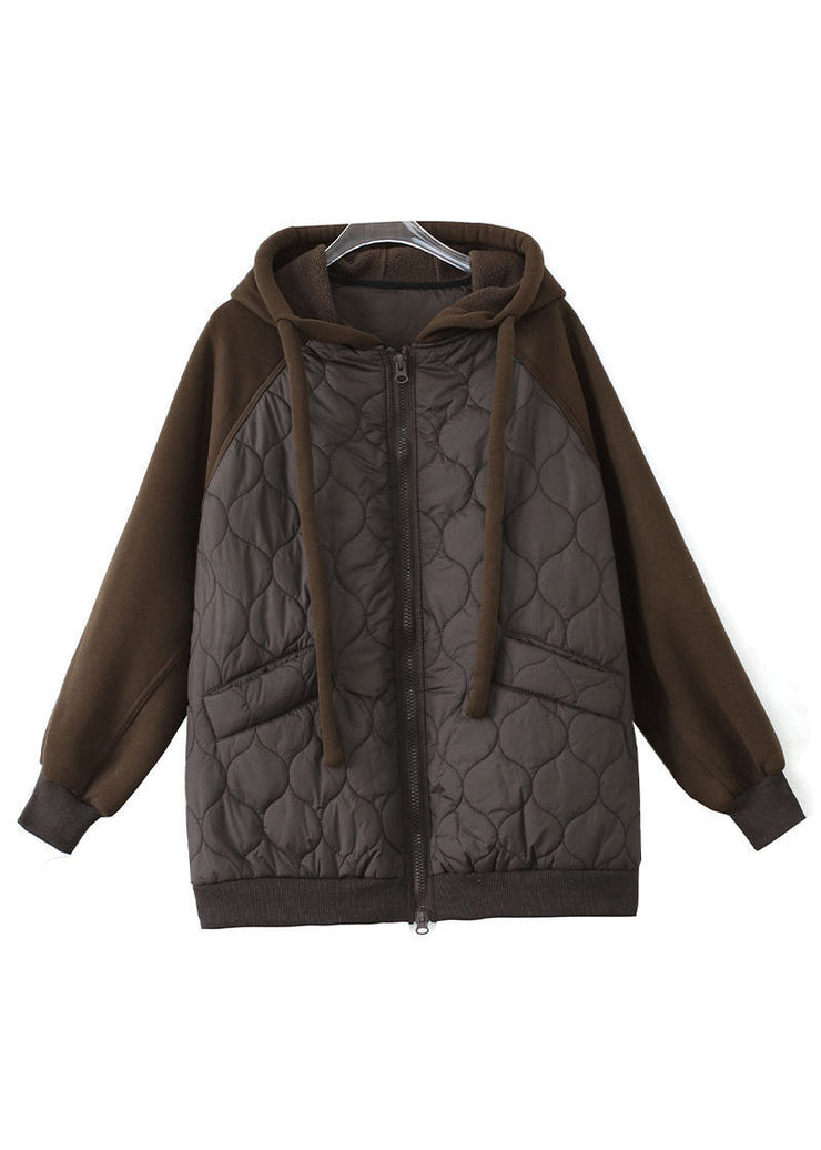 Casual Chocolate Hooded Drawstring Patchwork Fine Cotton Filled Witner Coat