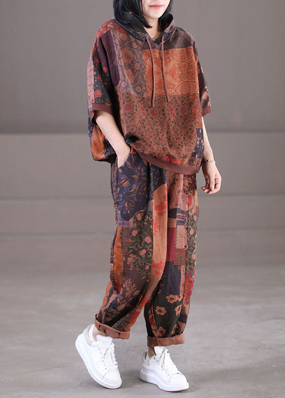 Casual Chocolate Hooded Drawstring Print Linen Tops And Pants Two Pieces Set Summer