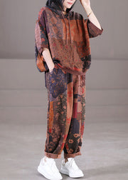 Casual Chocolate Hooded Drawstring Print Linen Tops And Pants Two Pieces Set Summer