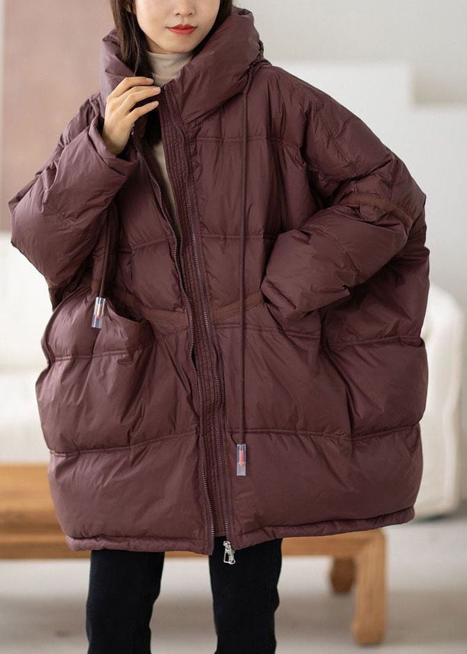 Casual Chocolate Hooded Oversized Drawstring Thick Canada Goose Jacket Batwing Sleeve