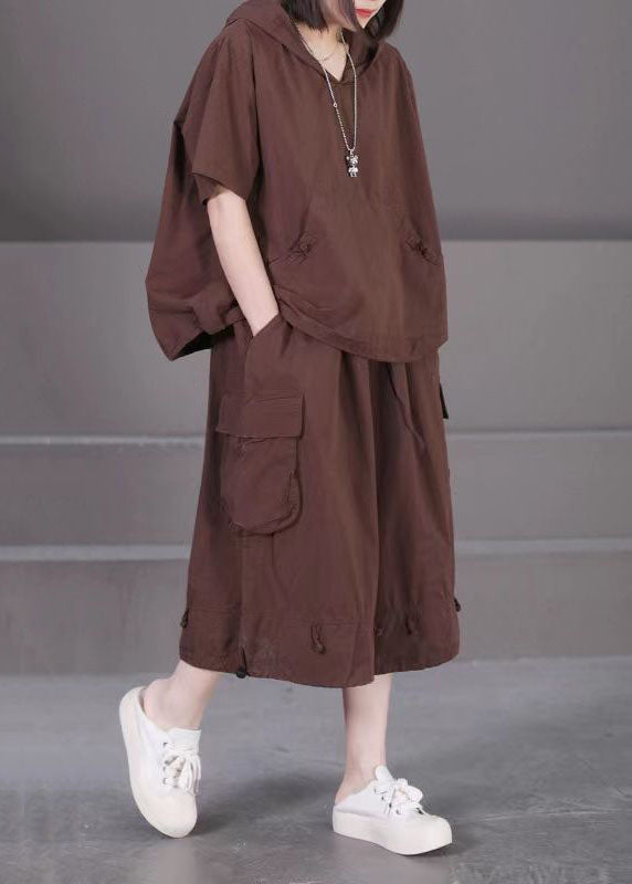 Casual Coffee Hooded Pockets Patchwork Cotton Two Pieces Set Summer