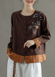 Casual Chocolate O-Neck Embroidered Patchwork Linen Shirt Tops Long Sleeve