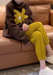 Casual Coffee O Neck Knit Sweaters And Yellow Pants Two Pieces Set Fall