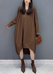 Casual Coffee O Neck Low High Design Patchwork Cotton Dresses Fall