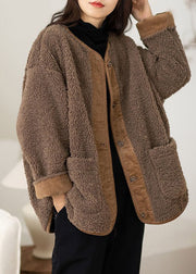 Casual Coffee O-Neck Pockets Button Warm Faux Fur Coats Long Sleeve