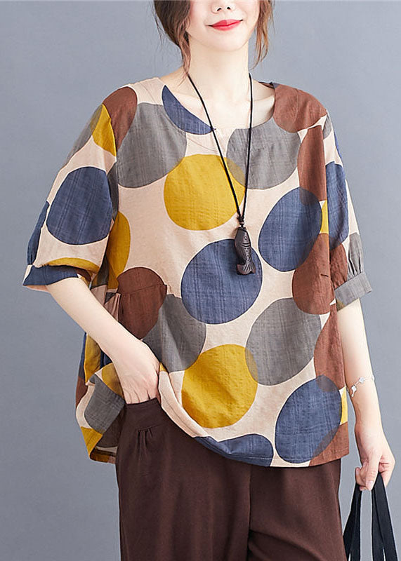 Casual Coffee O Neck Print Patchwork Cotton T Shirts Summer