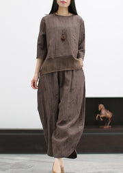 Casual Chocolate O-Neck Silk Patchwork Linen Shirts And Wide Leg Pants Two Pieces Set Spring