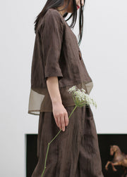 Casual Chocolate O-Neck Silk Patchwork Linen Shirts And Wide Leg Pants Two Pieces Set Spring