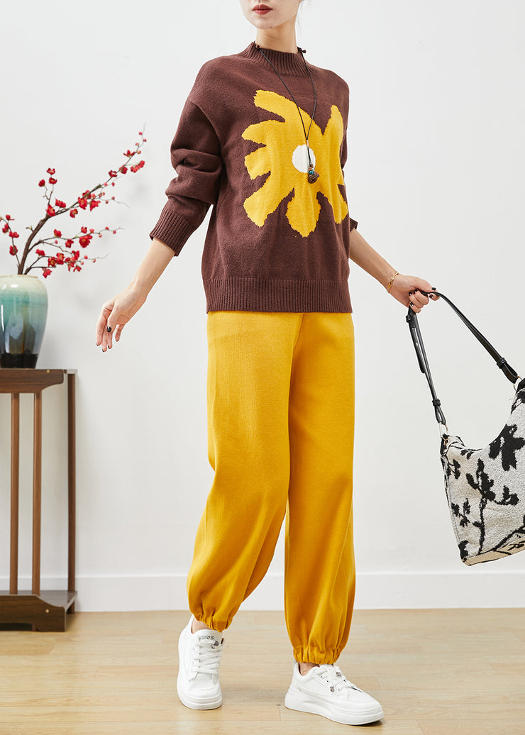 Casual Coffee Oversized Print Knit Two Pieces Set Fall