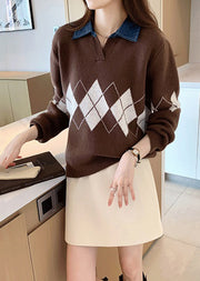 Casual Coffee Peter Pan Collar Geometric Patchwork Knit Blouses Fall