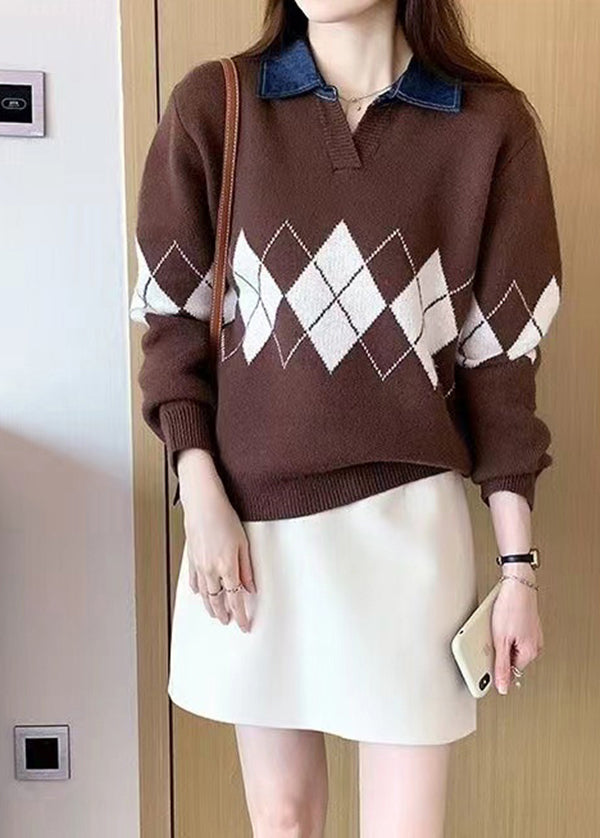 Casual Coffee Peter Pan Collar Geometric Patchwork Knit Blouses Fall
