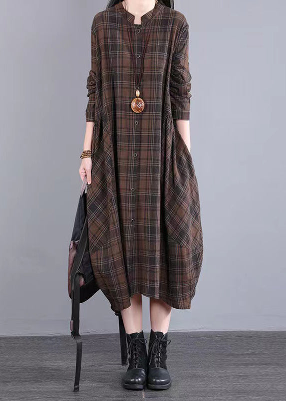 Casual Coffee Plaid Patchwork Cotton Shirts Dress Fall