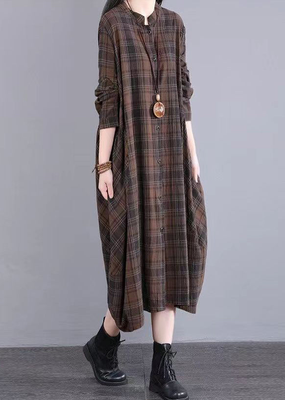 Casual Coffee Plaid Patchwork Cotton Shirts Dress Fall