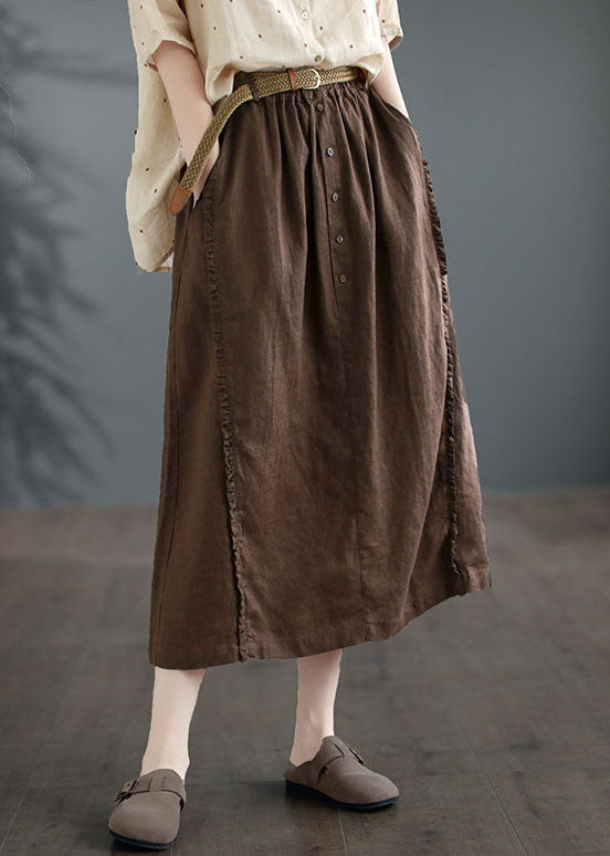 Casual Coffee Ruffled Pockets Patchwork Linen Skirts Summer