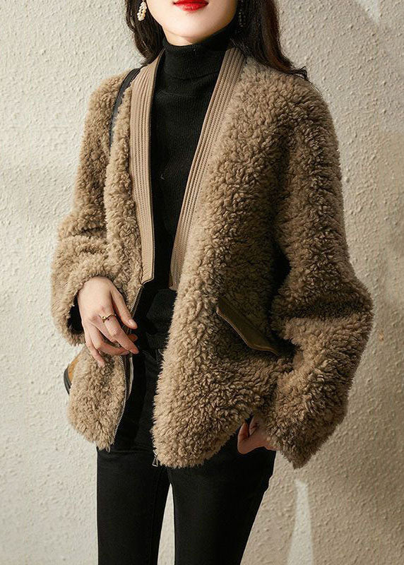 Casual Chocolate V Neck Patchwork Tedd Faux Fur Coats Winter