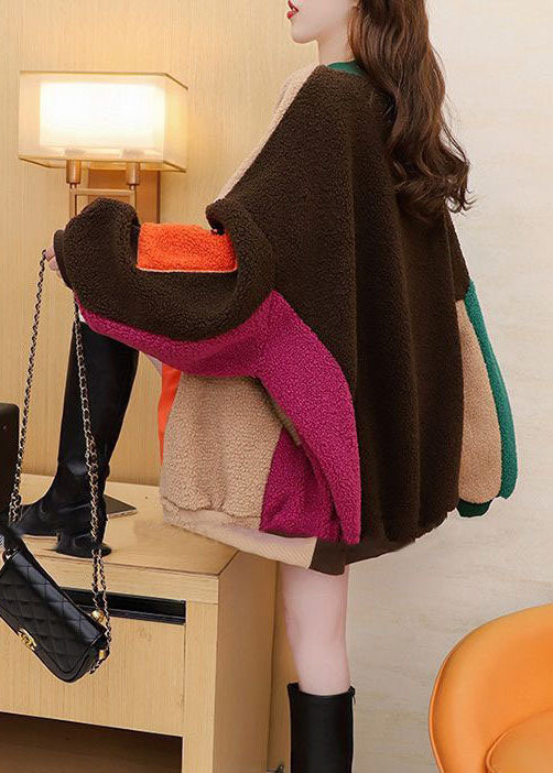 Casual Colorblock O-Neck Oversized Patchwork Thick Teddy Faux Fur Coats Winter