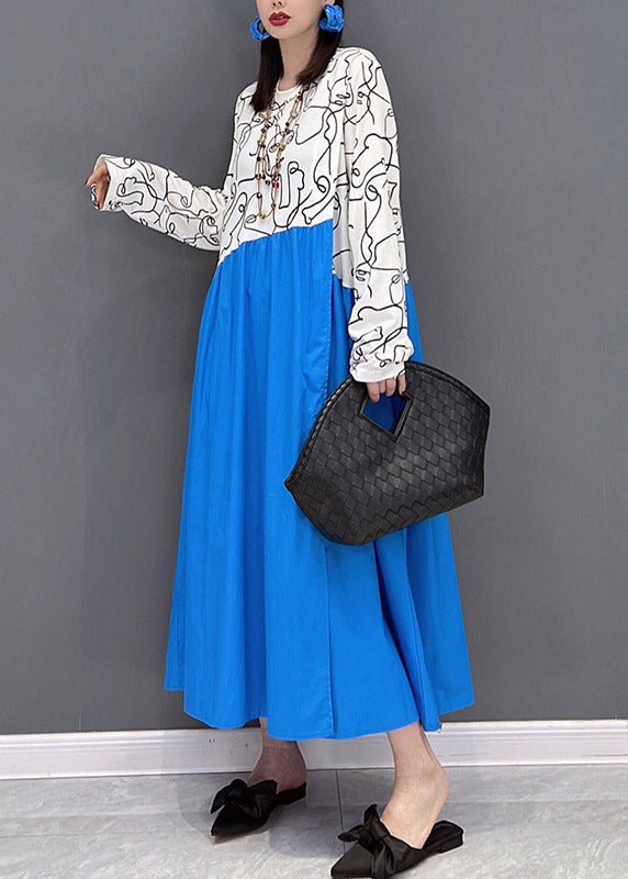 Casual Colorblock O-Neck Print Patchwork holiday Dress Long sleeve