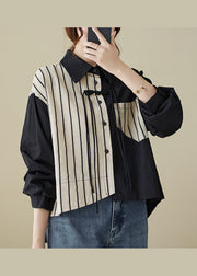 Casual Colorblock Striped Tasseled Patchwork Cotton Shirt Top Fall