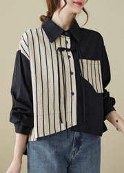 Casual Colorblock Striped Tasseled Patchwork Cotton Shirt Top Fall
