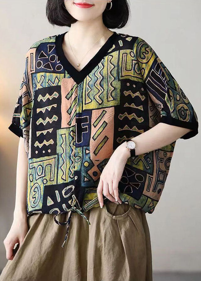 Casual Colorblock V Neck Print Drawstring Cotton Shirt Tops Summer