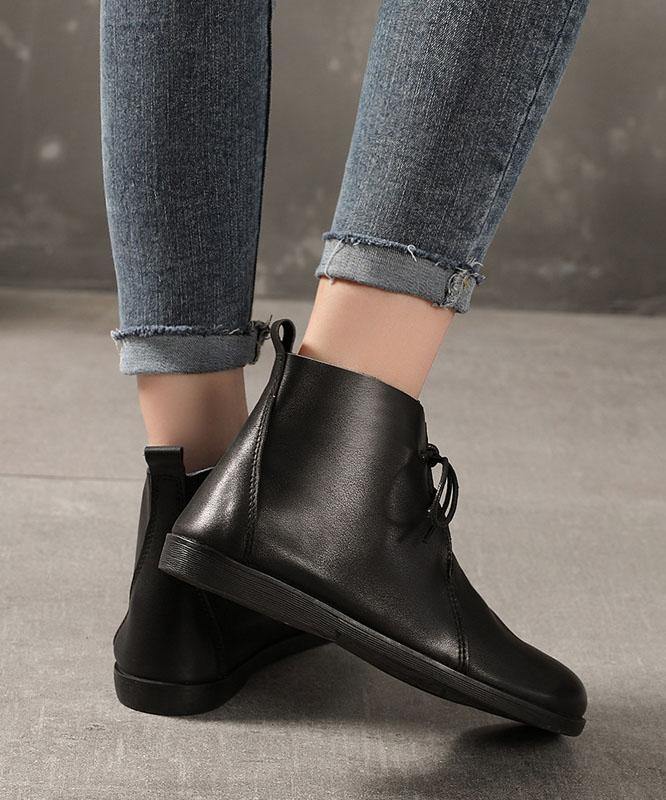 Casual Cross Strap Boots Black Cowhide Leather Ankle boots - SooLinen