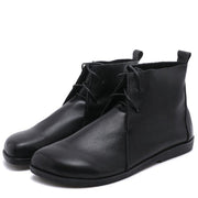 Casual Cross Strap Boots Black Cowhide Leather Ankle boots - SooLinen